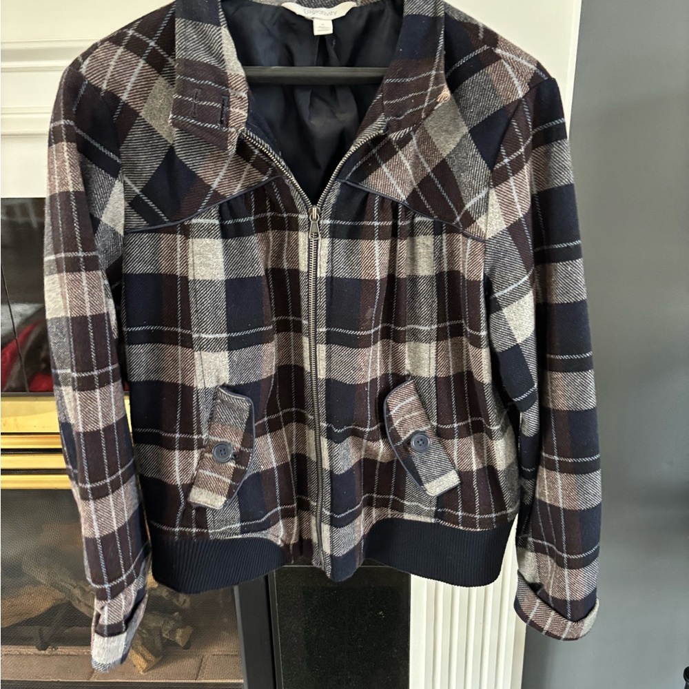 Relativity Plaid Bomber Jacket in Navy and Brown